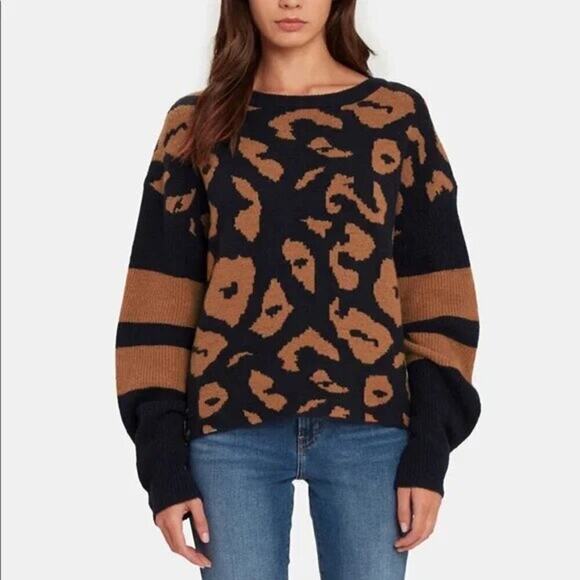 John & Jenn Finn Sweater Leopard Varsity Black Brown M - Picture 1 of 12